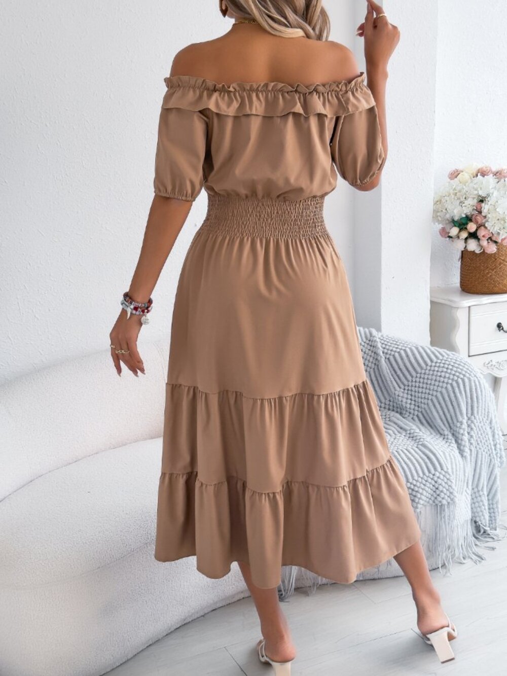 Tan Smocked Off-Shoulder Tiered Dress - Picture 5 of 8